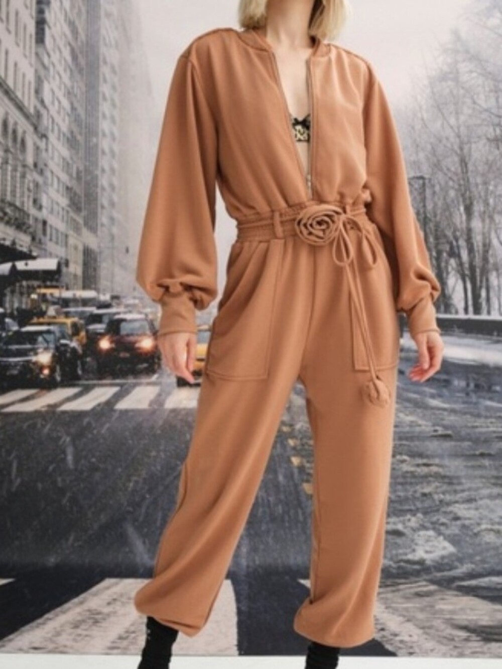 For Love And Lemons Camel Brown Utility Jumpsuit with Tie Waist